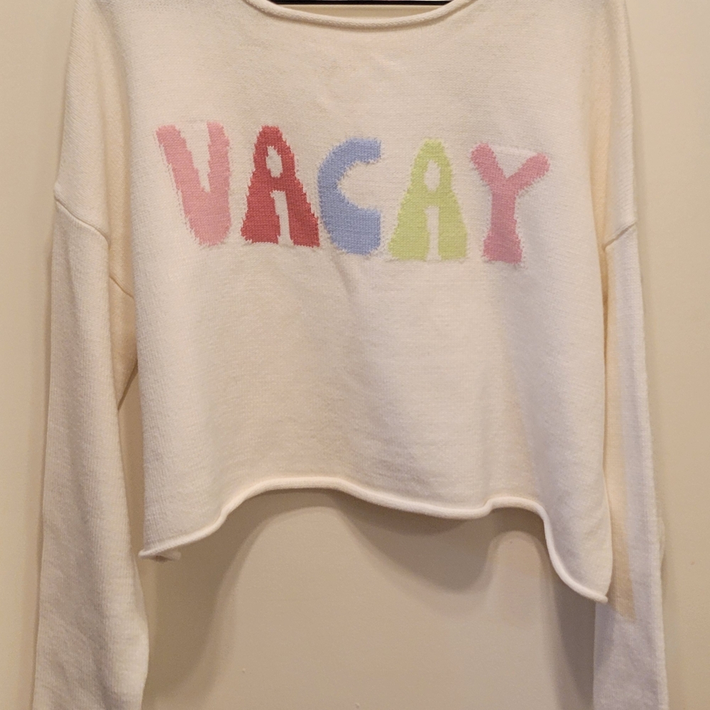moon & madison Cream 'VACAY' Cropped Crewneck Sweater with Pastel Letters